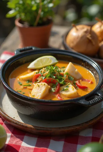 Moqueca Baiana, gazdag kókusztejes hal étel tálalva friss korianderrel