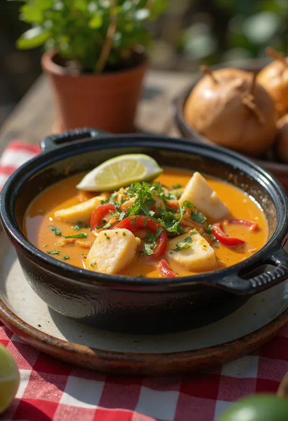 Moqueca Baiana, gazdag kókusztejes hal étel tálalva friss korianderrel