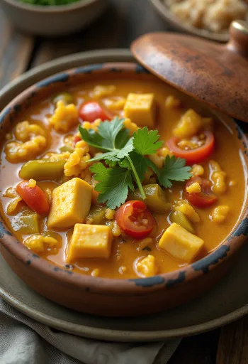 Moqueca barna rizzsel, tofuval és friss korianderrel tálalva