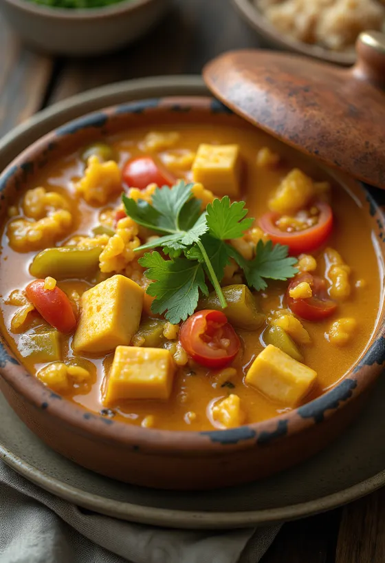 Moqueca barna rizzsel, tofuval és friss korianderrel tálalva
