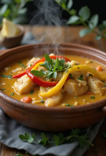 Moqueca haldarabokkal, piros és sárga paprikával, kókusztejes szószban tálalva
