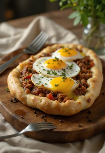 Pide tojással, friss tésztával és fűszeres húsos töltelékkel tálalva