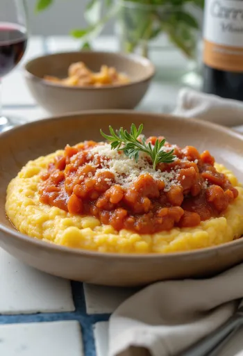 Krémes polenta paradicsomos szósszal tálalva, mélytányérban