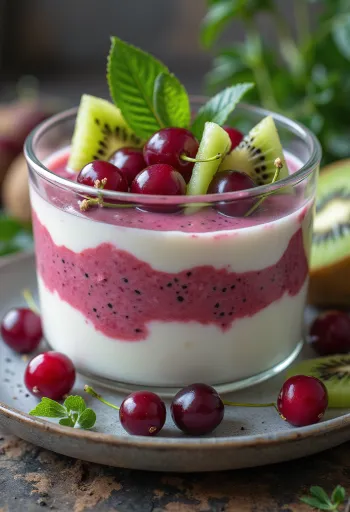 Probiotikus kivis-cseresznyés joghurt frissítő ital pohárban