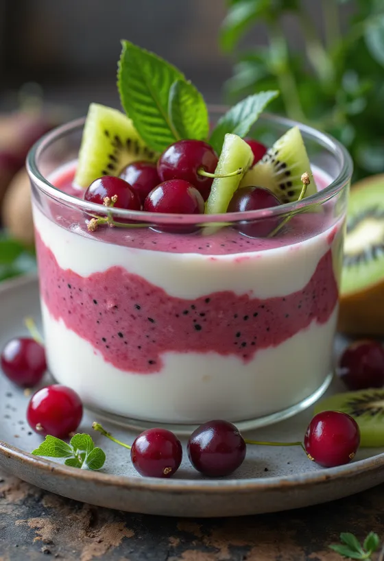 Probiotikus kivis-cseresznyés joghurt frissítő ital pohárban