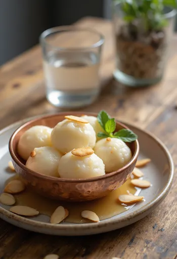 Rasgulla mandulával díszítve, tálalva egy elegáns tányéron.
