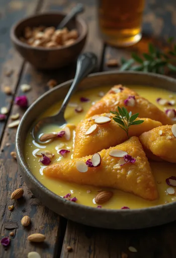 Shahi Tukda, édes mandulával és rózsavíz ízesítéssel tálalva