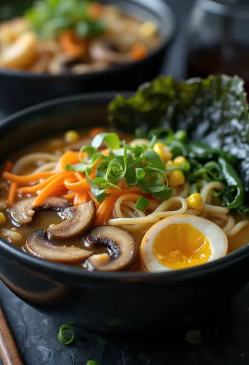 Vegan ramen zöldségekkel tálalva