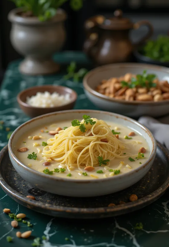 Vermicelli kheer desszert mandulával és kardamommal díszítve