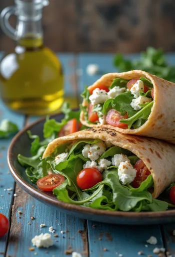 Friss wrap saláta feta sajttal, rukkolával, uborkával és paradicsommal tálalva