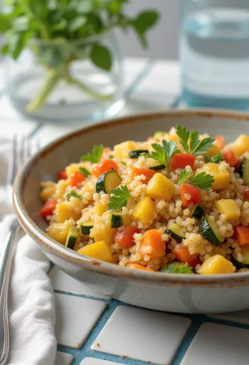 Zöldséges bulgur friss paprika, paradicsom és cukkini darabokkal tálalva