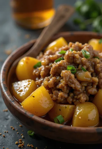 Adobo burgonyával, fűszeres hús és ropogós burgonya tálalva