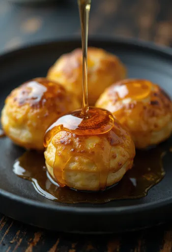 Æbleskiver juharsziruppal, friss sütemények, aranybarna, juharsziruppal tálalva