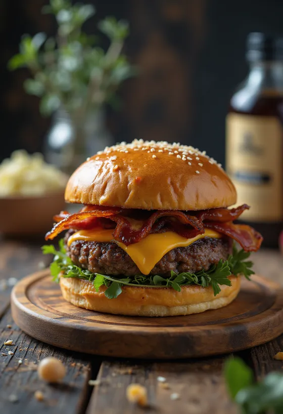 BBQ baconös sajtos hamburger szaftos húspogácsával és füstös BBQ szósszal