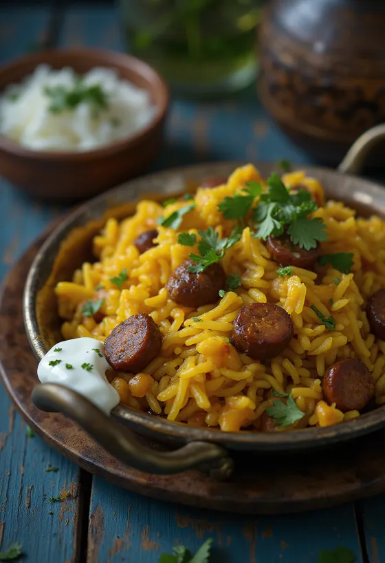 Bhuna khichuri marhahússal, fűszeres rizs és lencse marhahússal és kókusztejjel