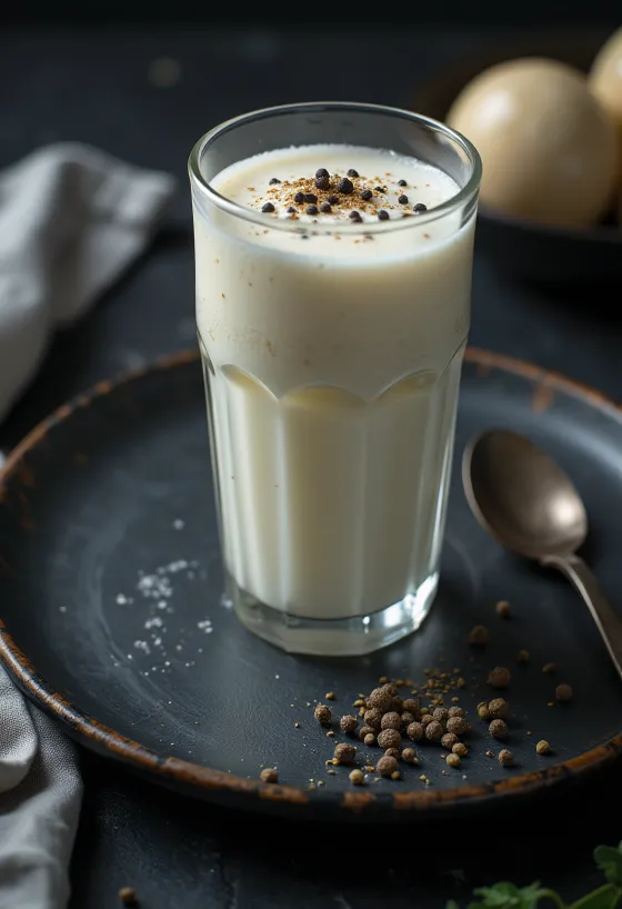 Borsos lassi pohárban, jégkockákkal díszítve