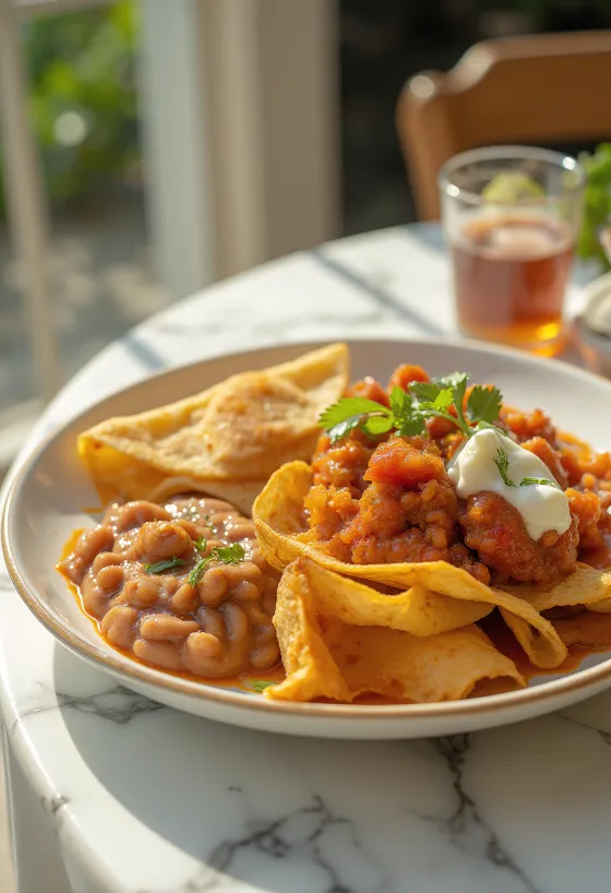Chilaquiles con frijoles refritos – piros szószos tortilla babbal, sajttal és tejföllel tálalva