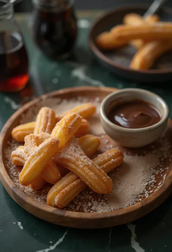 Churros csokoládéval, csokoládémártással tálalva
