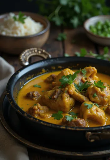 Curry goat babérlevéllel, egy tál gazdag, fűszeres kecskehús curry, gazdag kókusztejjel
