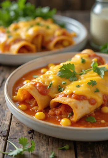 Enchilada kukoricával, csirke és sajt, paradicsomszószban sütve