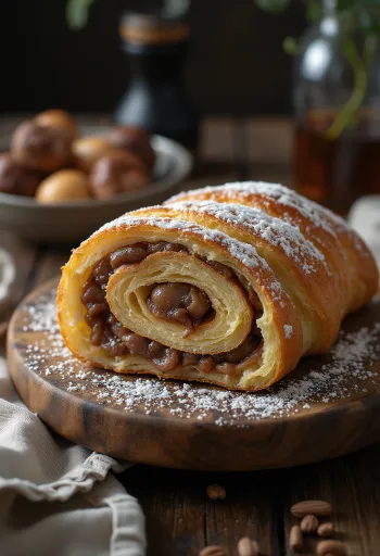 Gesztenyés bejgli szeletekre vágva, díszítve