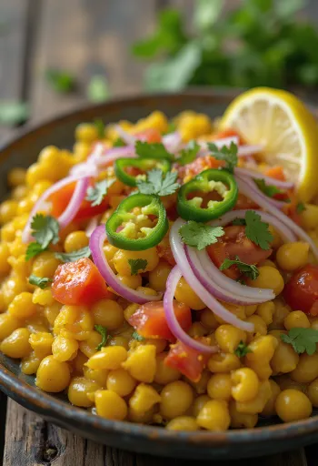 Ghugni chaat zöld chilivel, indiai fűszeres bab étel friss korianderrel és citrommal tálalva