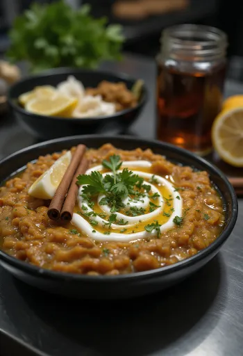 Haleem fokhagymás joghurttal, gazdag húsos közel-keleti étel friss korianderrel díszítve