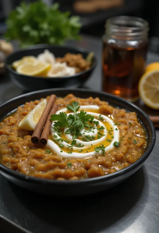Haleem fokhagymás joghurttal, gazdag húsos közel-keleti étel friss korianderrel díszítve
