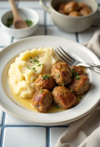 Köttbullar burgonyapürével, gazdag ízekkel tálalva