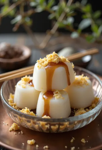 Kuzumochi kuromitsu szósszal tálalva, pörkölt szezámmaggal
