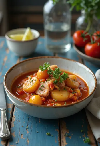 Marmitako con tomate tálalva, friss petrezselyemmel