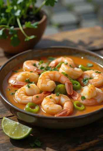 Moqueca de Camarão, brazil garnélarákos étel, kókusztejjel és friss zöldségekkel