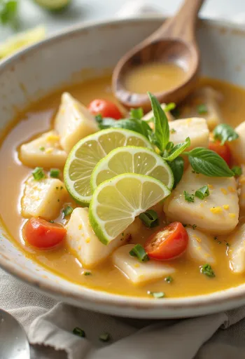 Moqueca lime-mal, friss korianderrel tálalva