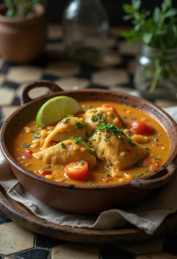 Moqueca hal étel, sűrű szósszal és friss korianderrel tálalva