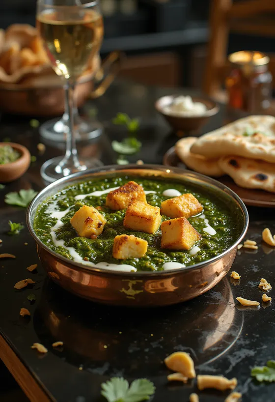 Palak paneer gyömbérrel tálalva, friss spenóttal és fűszeres paneer kockákkal