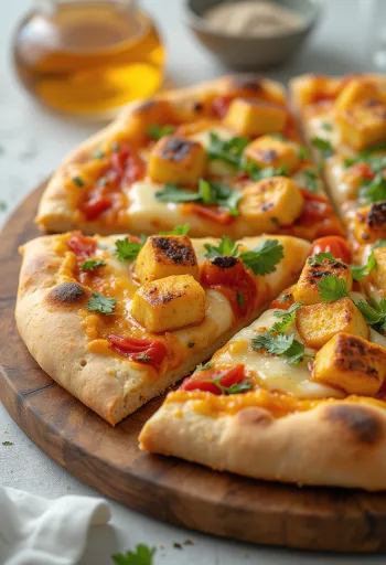 Paneer tikka pizza joghurtszósszal és zöldségekkel