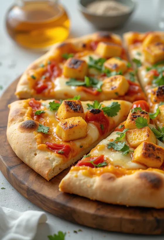 Paneer tikka pizza joghurtszósszal és zöldségekkel
