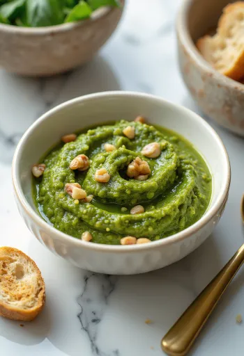 Pesto dióval és pecorino sajttal, tálban tésztával
