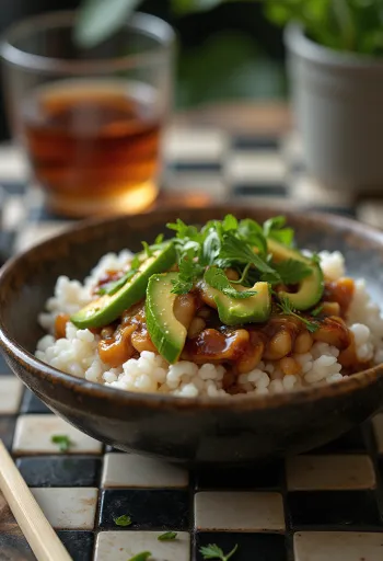 Poké teriyaki szósszal friss zöldségekkel és rizságyon, díszítve korianderrel és lime-léval.