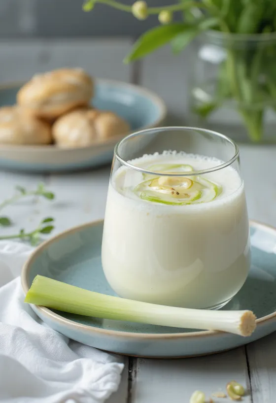 Probiotikus póréhagymás kefir világos árnyalatú, enyhén darabos ital formájában tálalva