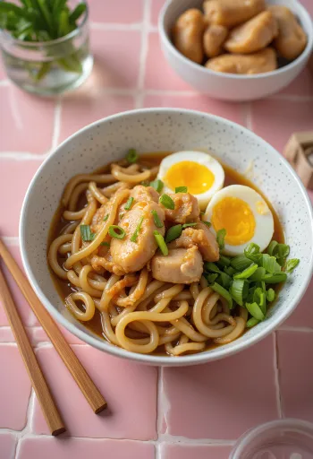 Stamina udon tál tojással és hússal, friss zöldhagymával