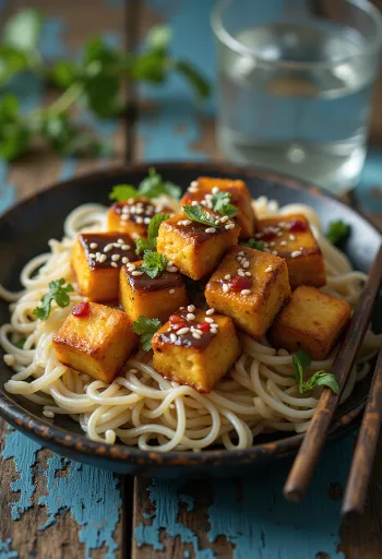Sült tofu thai öntettel tálalva
