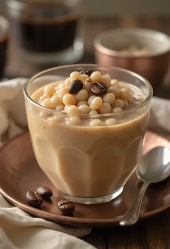 Tapioca puding kávéval, tálalva egy pohárban, tetején egy kis kávé és karamell réteg