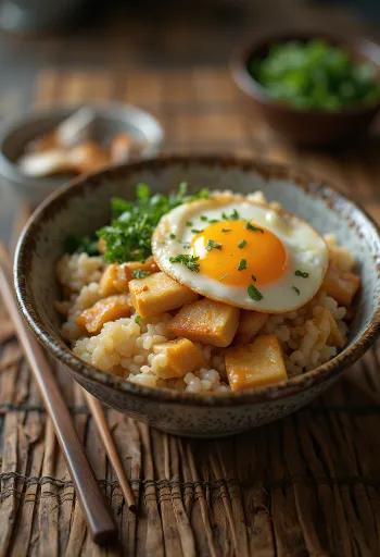 Tofu töltelékű Oyakodon rizs tetején, tojással és tavaszi hagymával díszítve