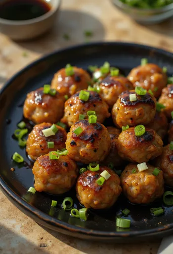 Tsukune miso ízesítéssel, frissen sült japán húsgombócok tálalva friss zöldhagymával