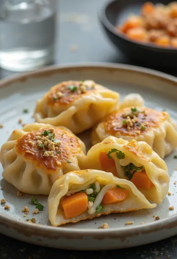 Vegetable Gyoza tálalva zöldséges töltelékkel és szójaszószos mártogatóval