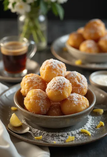 Zeppole ricottával, friss cukorral megszórva, aranybarna fritőzött édesség