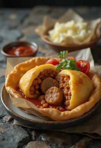 Acarajé kolbásszal, fűszeres bab és friss petrezselyem díszítéssel