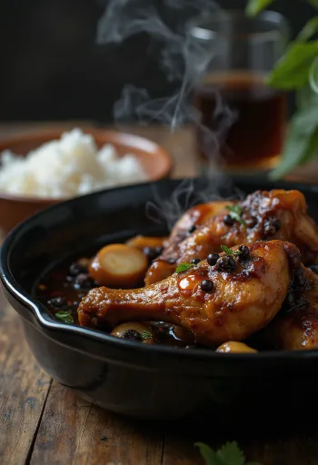 Adobo csirkehús, szójaszószban főzve, tálalva rizs mellett