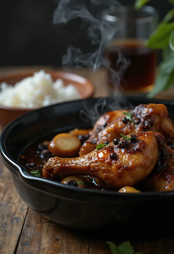 Adobo csirkehús, szójaszószban főzve, tálalva rizs mellett